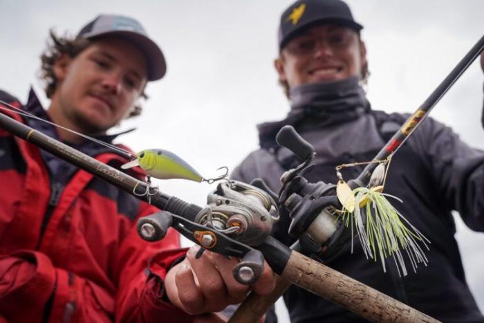 Dawson Cassidy and Gus McLarry pose with their fishing equipment